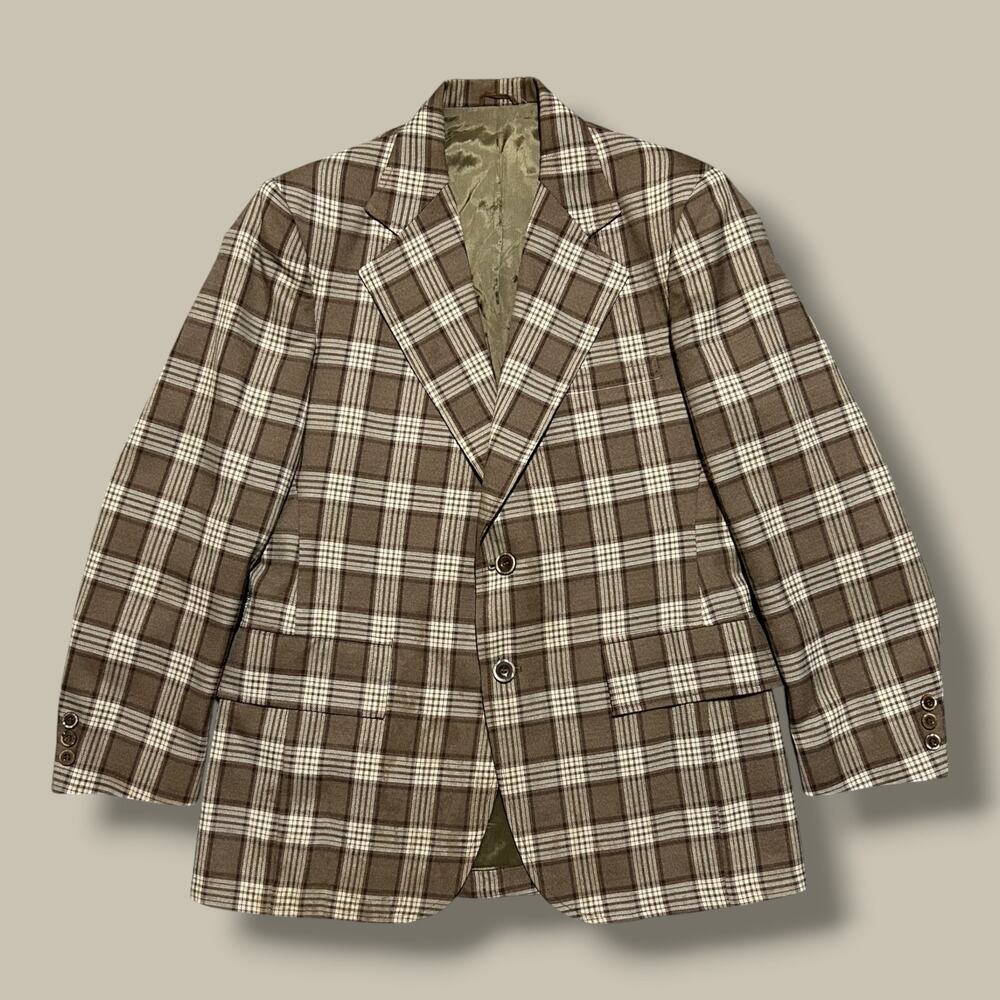 Vintage 70s JCPenney Plaid Blazer Wool Jacket Leisure Suit Mod Brown 40 Medium